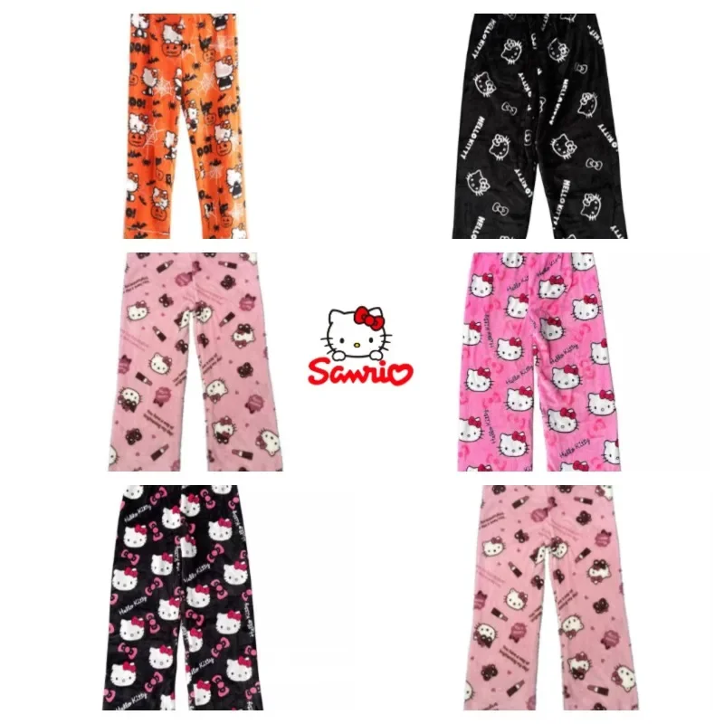 Sanrio Anime HelloKittys Pajamas Pants Cartoon Casual Home Flannel Pants Autumn Winter Fashion Trouser Girls Warm Wear Halloween