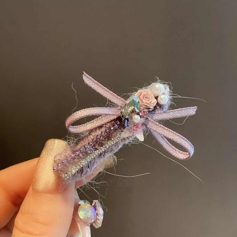 

Korean Crystal Purple Yarn Rose Bow Clip Sweet Temperament Girly Side Clip Forehead Bangs Broken Hair