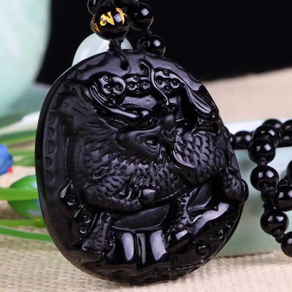 Natural Black Obsidian Hand Carved Kylin Lucky Amulet Pendant Chain Gold Fashion Charms Clavicle Energy Gift Pendants Wholesale