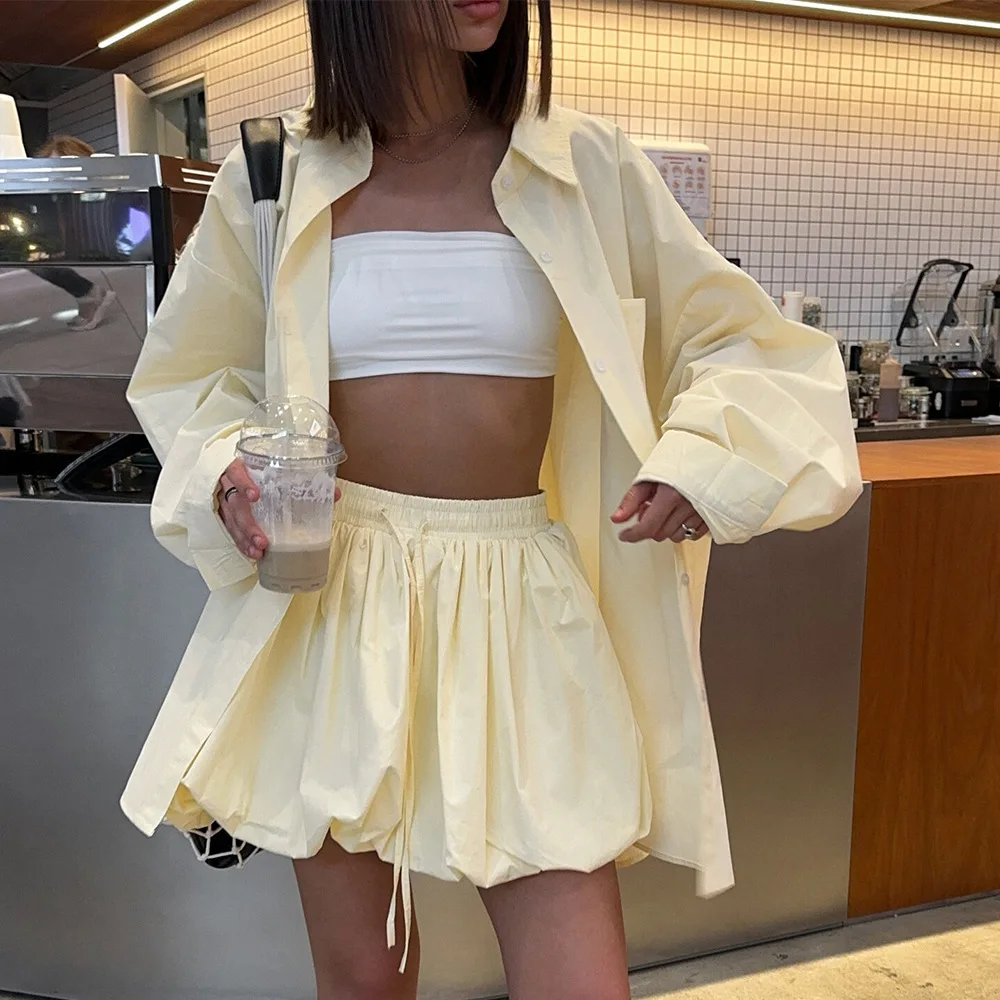 

2026 New Womens Spring Summer Loose Shirt Short Skirt Set Yellow Shirt Tie Belt Peplum Skirt Two Piece Set Versatile Minimalist