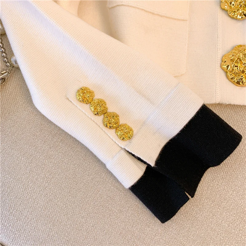 Vintage Elegant V-neck Cardigan Sweater For Women Gold Buttons Long Sleeve Knitwear Tops 2023 Autumn Fashion Chic Ladies Jumpers