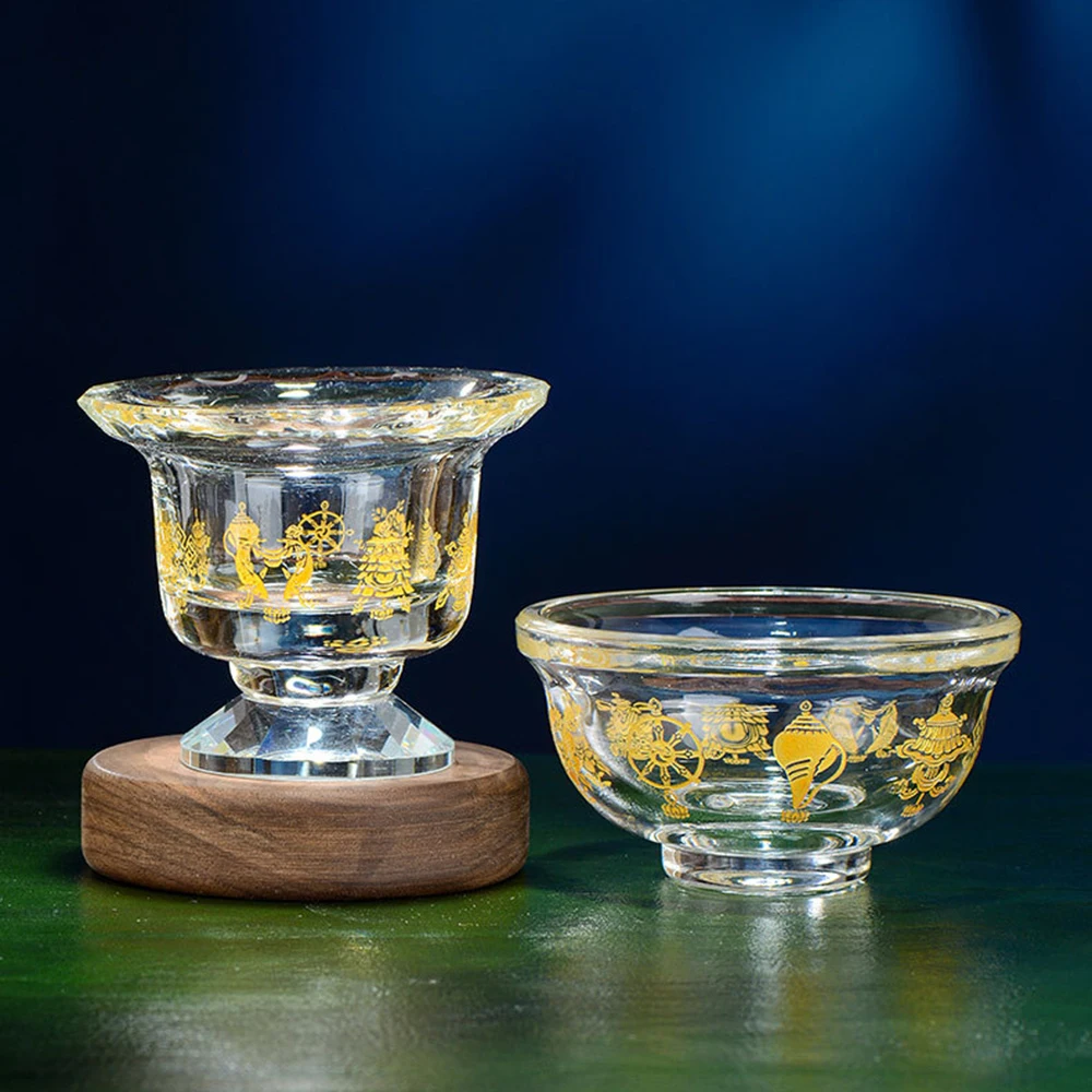 Tibetan Eight Treasures Water Offering Bowl, Gilded Eight Auspicious Symbols Glass Buddhist Holy Water Cup for Indoor Home Use