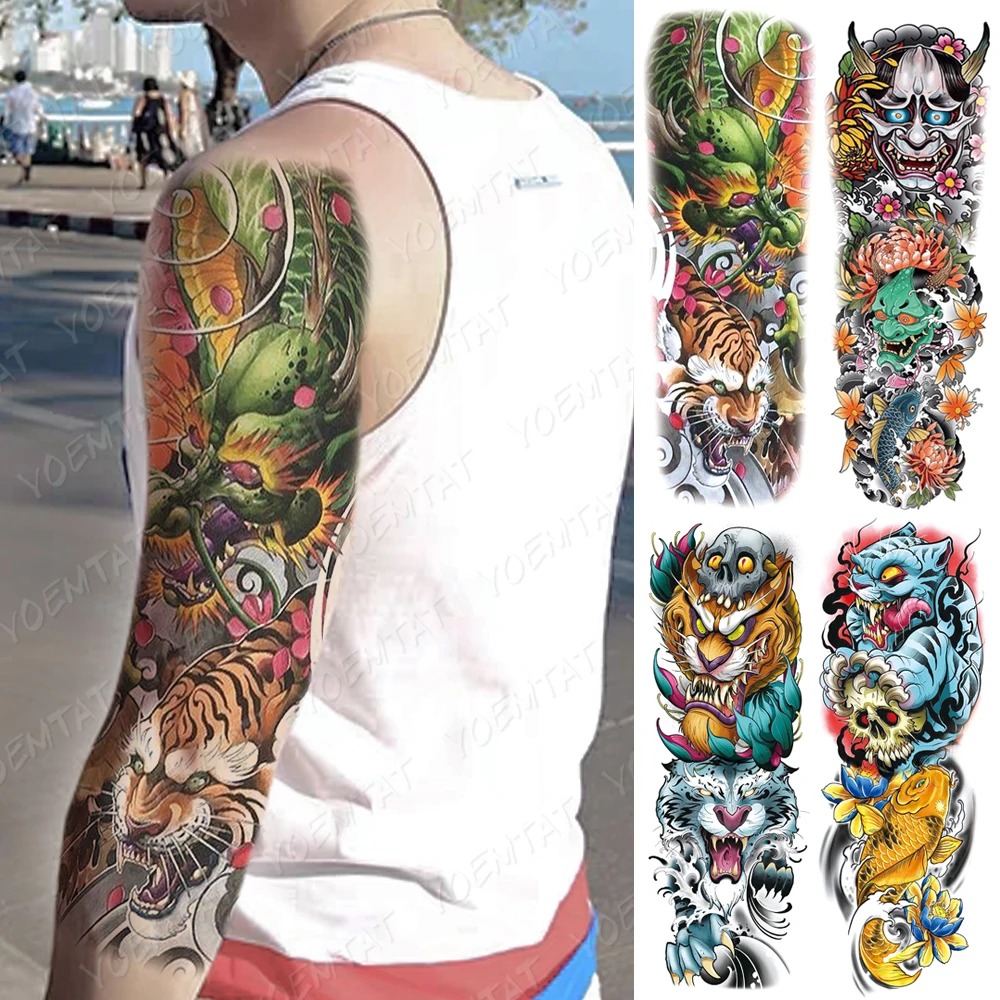 Transfer Tattoo Semi Permanent Tattoo Sleeve Gomette Tato Dragon Tiger Lion Jaguar Big Snake Man Woman Glitter Tatu Body Art