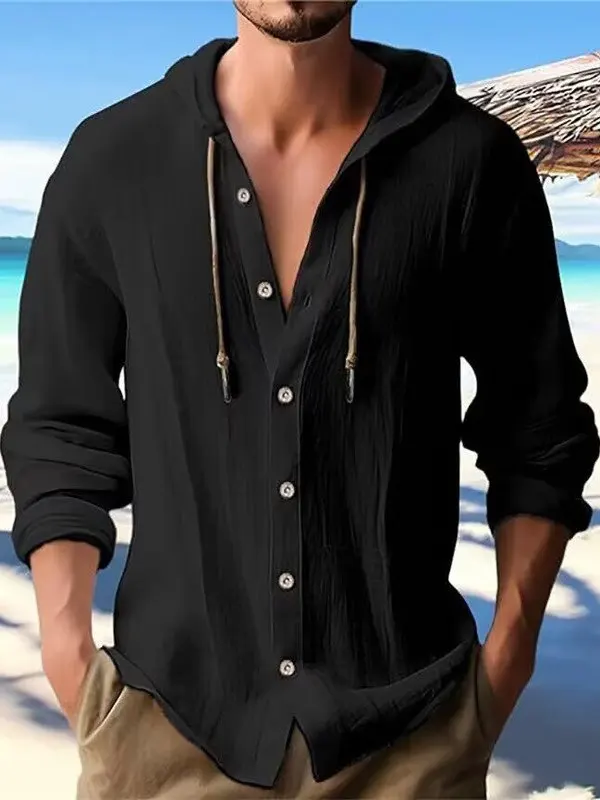 

2026 New Men's Long Sleeve Cotton Linen Hooded Casual Shirt Youth Fashionable Loose Fit Sun Protection Breathable Thin Style