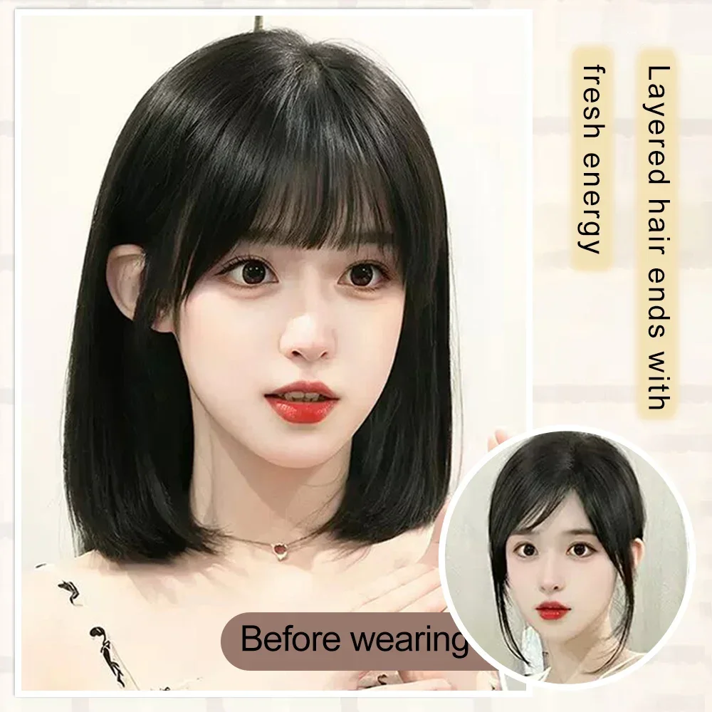 ALXNAN Short Straight Synthetic Wigs for Women Natural Black Bob Wigs with Bangs Daily Cosplay Party Heat Resistant Fake Hair