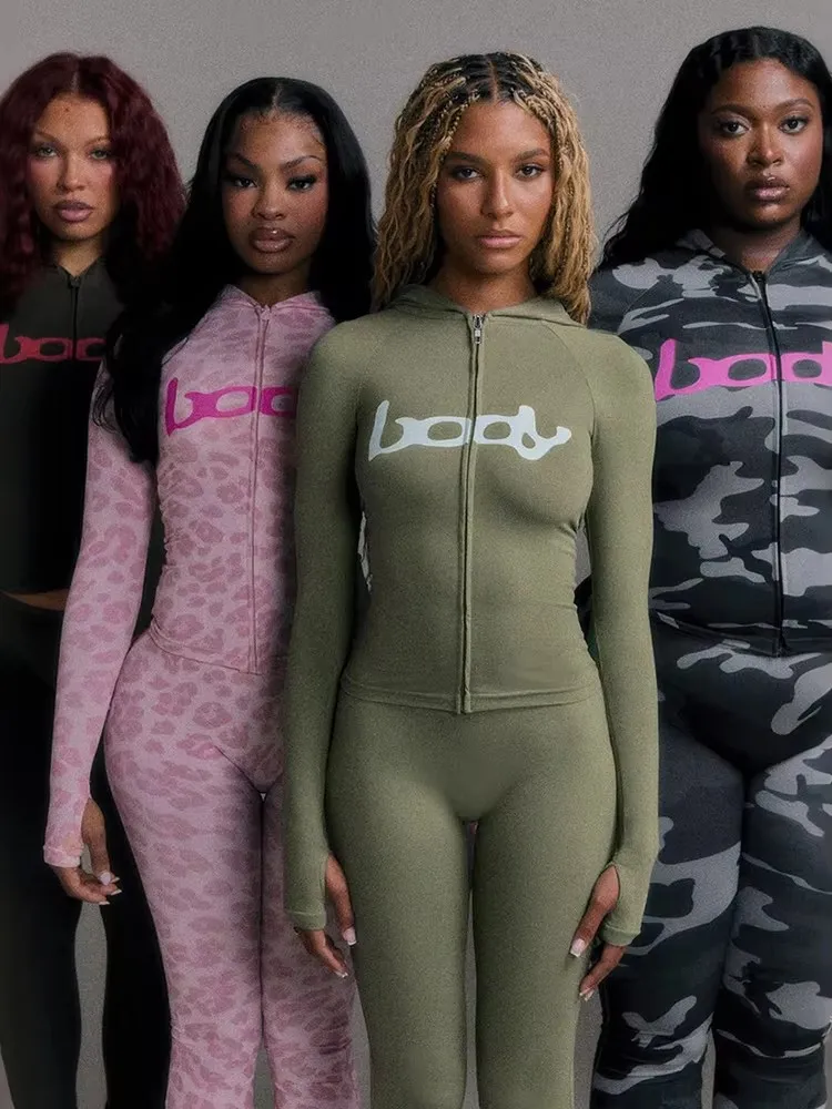 Weird Puss lettre impression survêtement 2 pièces ensemble femmes veste à capuche + Leggings correspondant Stretch rue décontracté sportif mince tenues