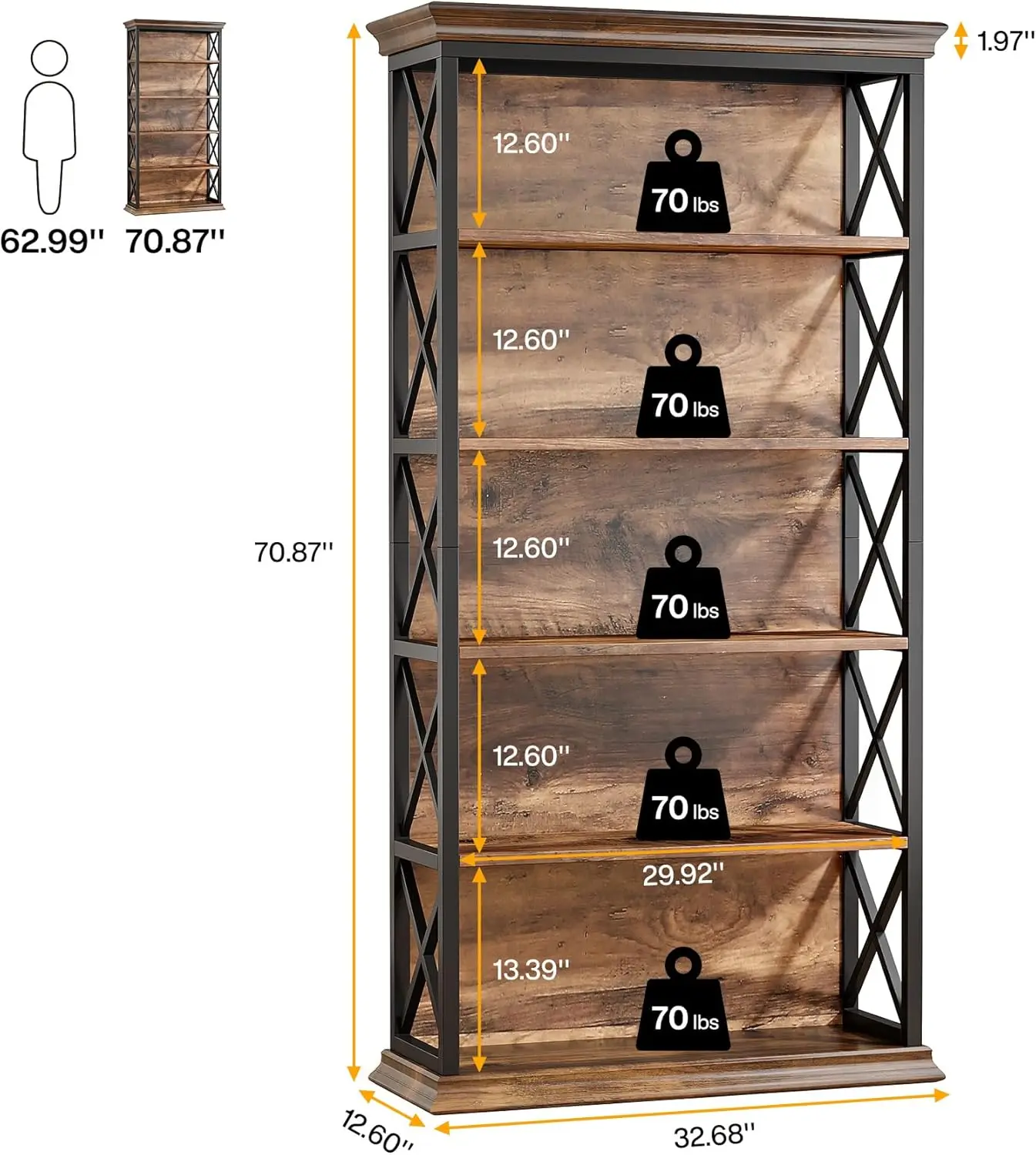 6-Tier Bookcase, 71 Inches Industrial Bookshelves and Bookcases, Floor Standing 5 Shelf Display Storage Shelves Tall Bookcase