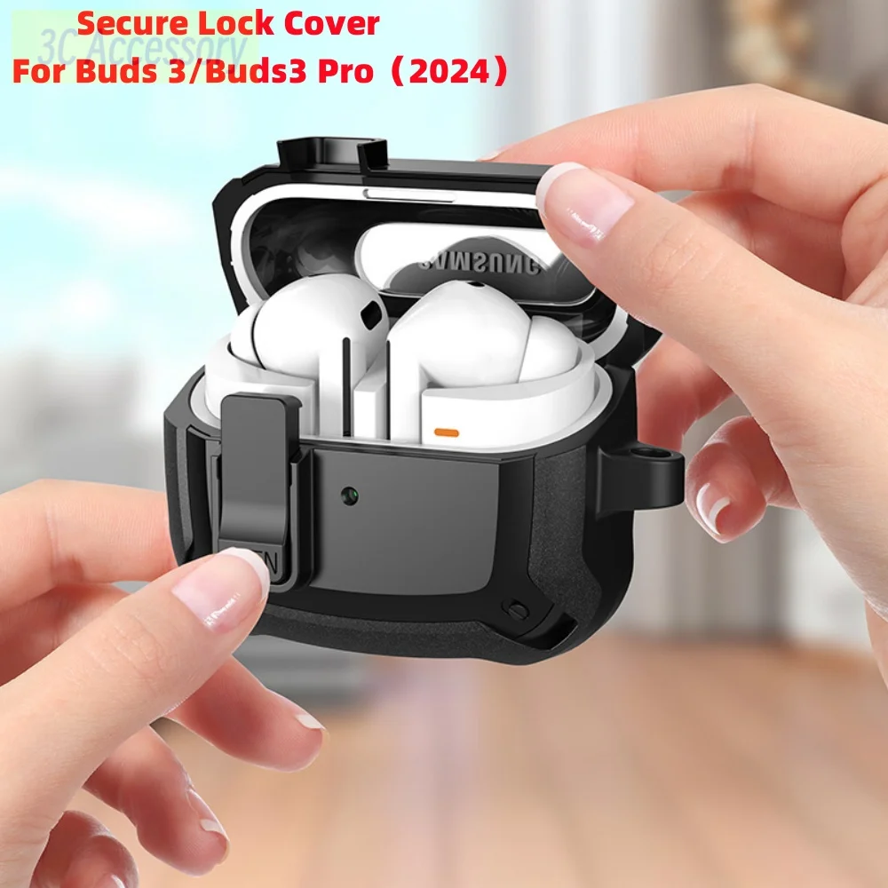 男性用のミリタリーショックプルーフ保護カバー,安全なロック付きケース,Samsung Galaxy Buds 3 pro,Buds 3 pro,2024と互換性があります