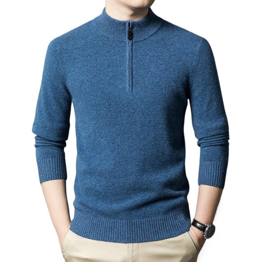 

Autumn Winter 100% Wool Sweater Men Business Casual Stand Collar Slim Fit Pullover Knitted Sweater Jumper