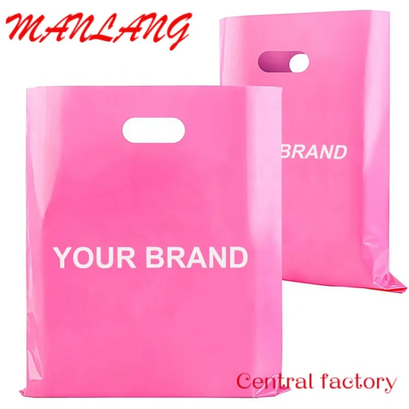 Custom  Customized Logo Pink Shop Boutique Gifts Die Cut Handle Bag, Stocking Sizes Reusable Carry Bag Foldable Plastic Shopping