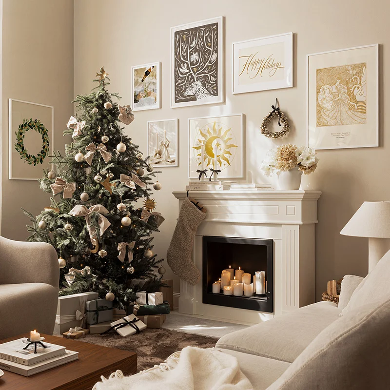 

Antler Garden Champagne Golden Winter's Candlelight Wall Art Canvas Painting Print Decorative Poster Modern Living Room Picture