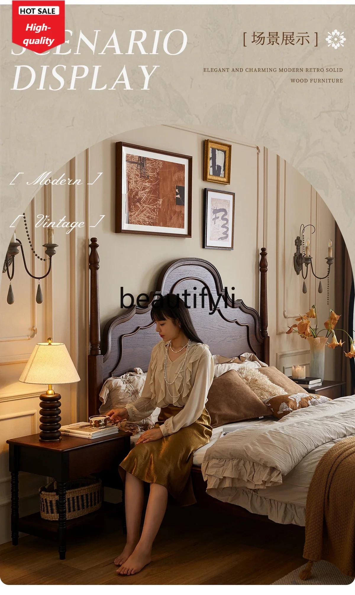 

A4567 American retro solid wood bed French antique bedroom double bed
