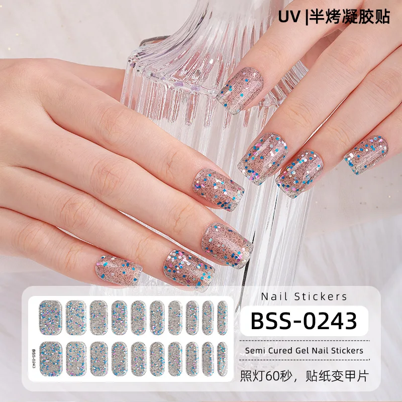 Parche de tiras de uñas de Gel semicurado, polvo de Scallion, lentejuelas brillantes, cubierta completa impermeable, necesita lámpara UV, 20 puntas