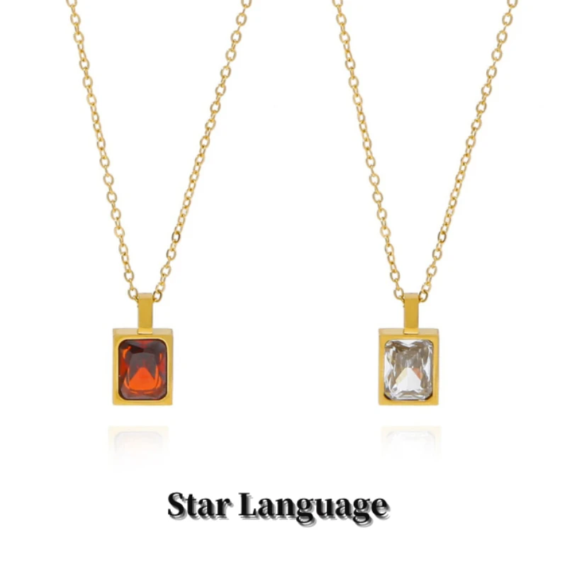 

Star Language French Light Luxury Square Inlay Color Zircon Necklace for Women Stainless Steel Gold Plated Jewelrys Daily Wear