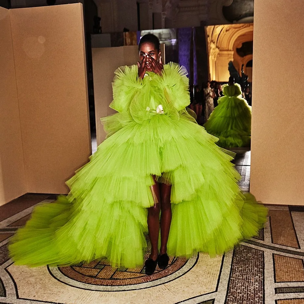 

Trendy Green High Low Birthday Dresses Lush Tiered Full Sleeves Long Tutu Women Dresses Tiered Puffy Long Formal Party Gowns