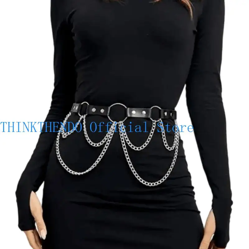 

39BB Women Punk Fashion Accessory Multi Chain Belt Adjustable Gothic Waistband Faux Leather Waist Sash Streetwear Design