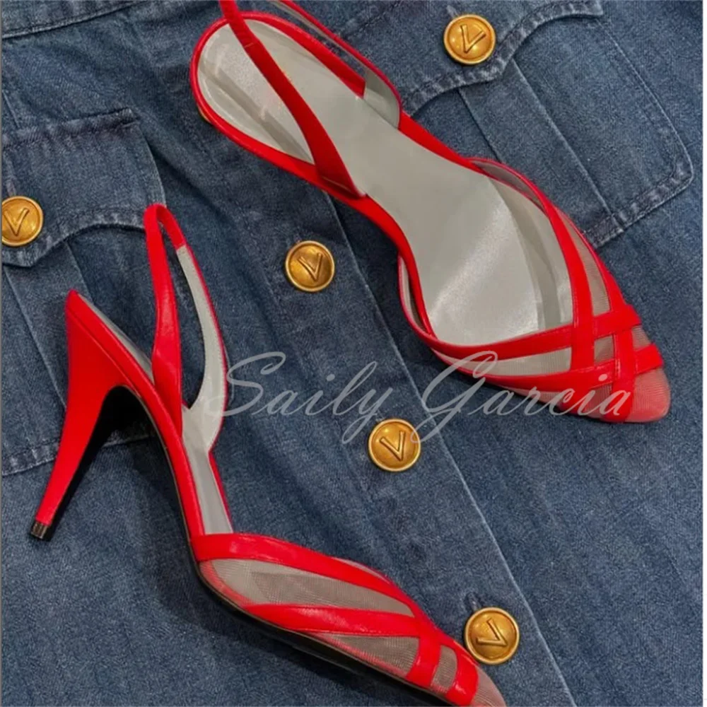 

Red Leather And Mesh Slingback Pumps Women Pointed Toe High Heel Slip On Elegant Newest Stilettos Banquet Party Dress Shoes
