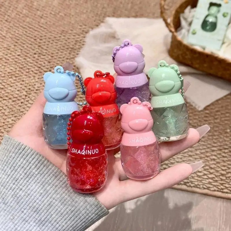 Bear-Shaped Peach Shimmer Lip Oil Portable Pocket Size Moisturizing Plumping for Daily Travel Lip Care