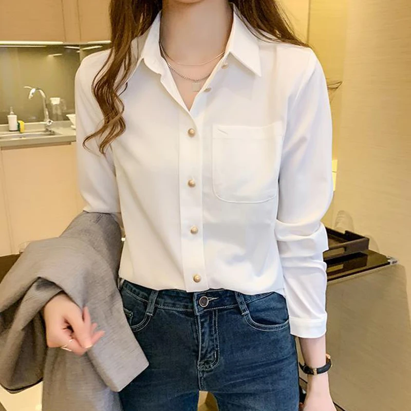 White Chiffon Office Women Shirts Korean Elegant Pearl Loose Long Sleeve Female Blouse Autumn New Pocket Chic Ladies Casual Tops