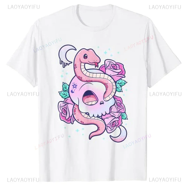 Kawaii Pastel Goth Cute Creepy Witchy Cat and Skull T-Shirt Cartoon Creepy-Skull Serpent Snake Roses Shirts 3 Headed Dog Clothes