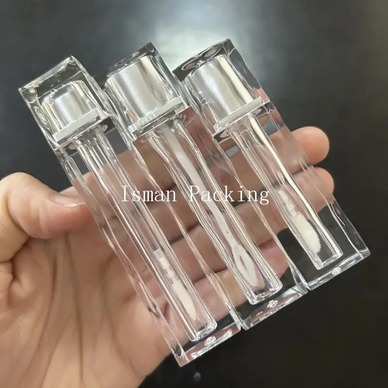 

50Pcs Luxury Square Matte Silver Top Lipgloss Cosmetic Packaging Empty Refillable Clear Lip Gloss Wand Tube 3ml 4ml 5ml