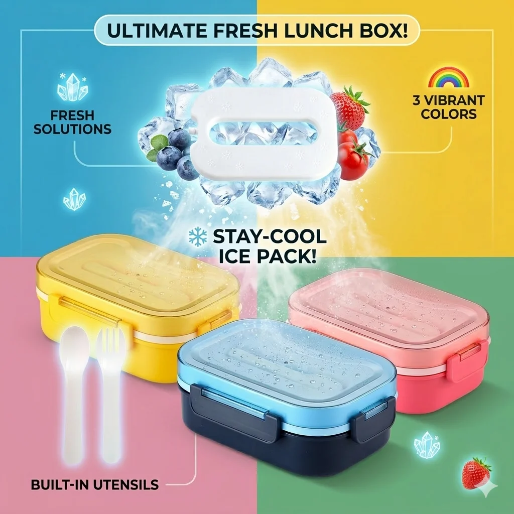 

ICE Pack Bento Box Sauce Separation Fresh Sala Box ICE Lunch Box Leak-proof Picnic With Fork&Spoon For Kids School Office