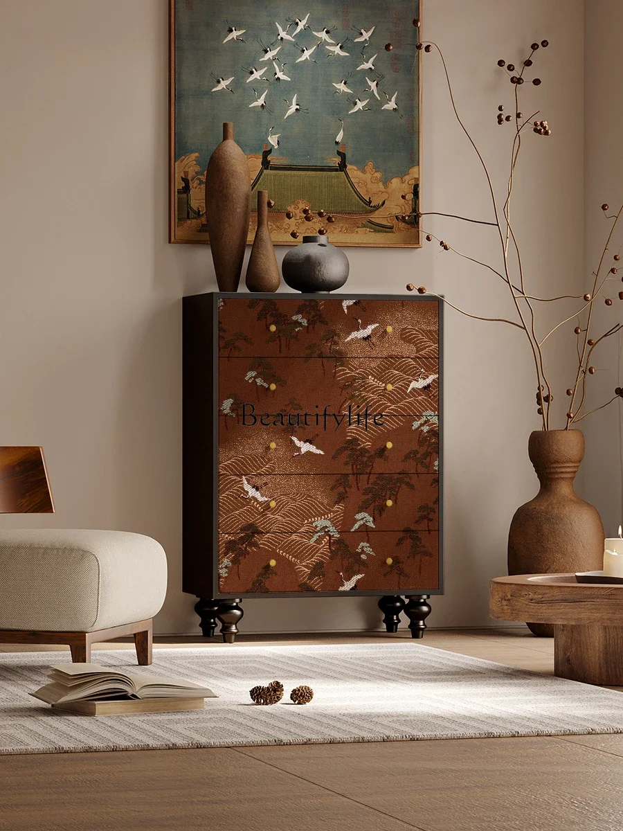 French Chinese style solid wood crane chest of drawers decorated against the wall storage chest of drawers