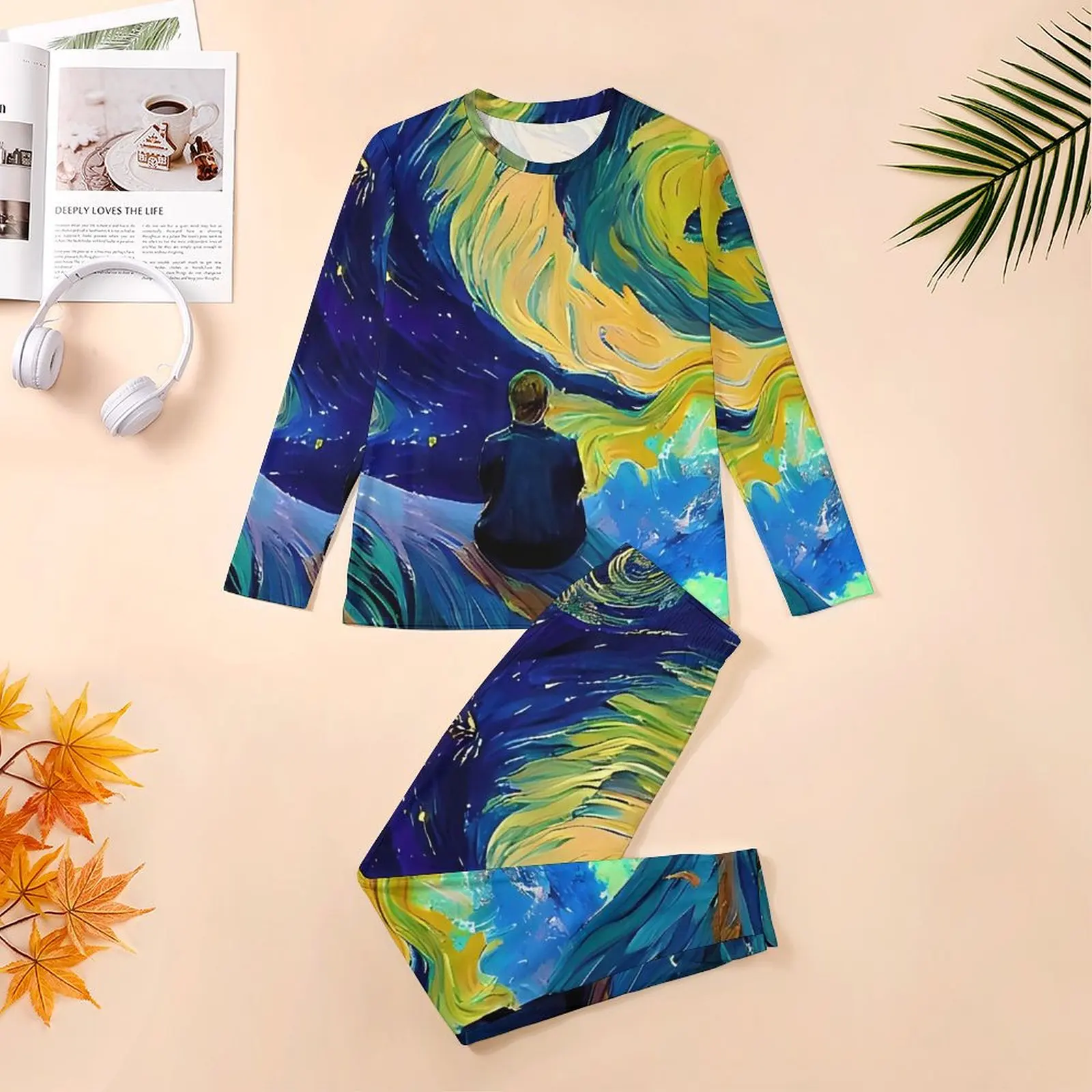 Van Gogh Pajamas Autumn 2 Pieces Abstract Starry Night Lovely Pajama Sets Man Long Sleeve Home Printed Sleepwear Big Size 5XL