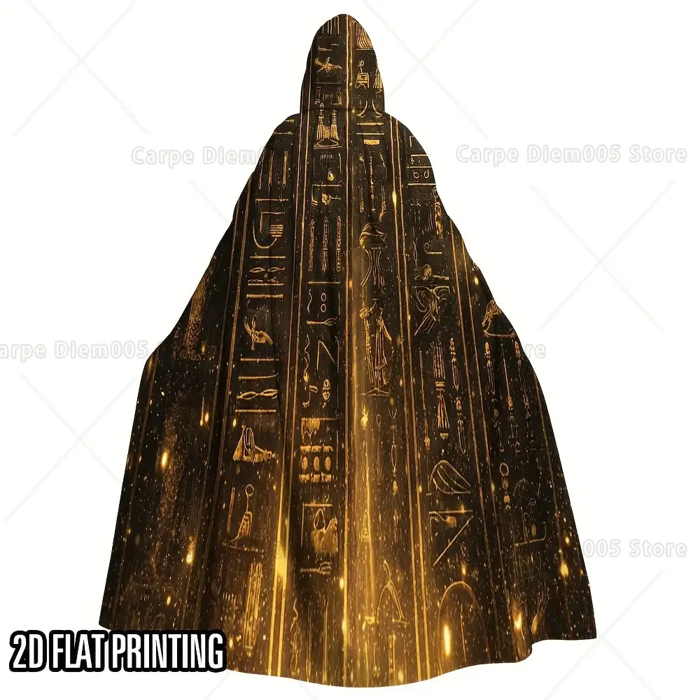 

1pc Egyptian Hieroglyphic Witch Cloak Cape Ancient Egyptian Costume Robe with Hooded Shawl, Golden Black Print