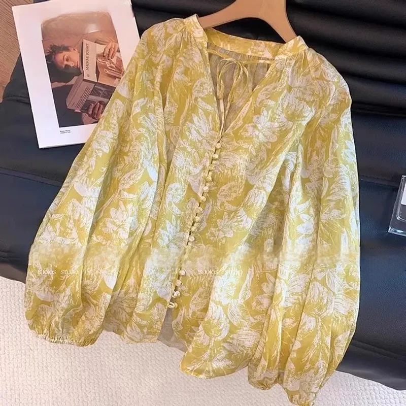 

Шифоновые блузки с цветочным принтом, женские повседневные блузки с длинным рукавом, осень-весна, офисная женская повседневная одежда, топы больших размеров