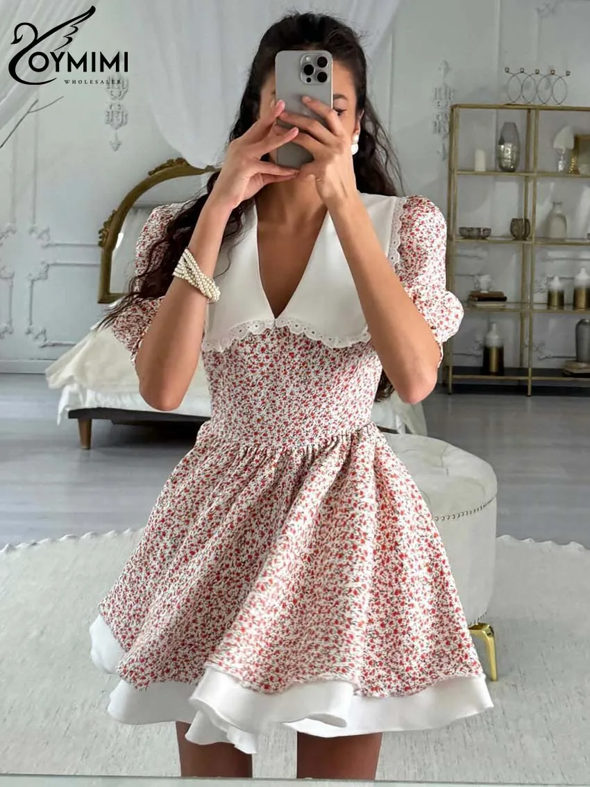 Oymimi Autumn Red Print Women\'s Dress Casual New Patchwork Half Sleeve Dresses Elegant High Waist Pleated Mini Dress Streetwear