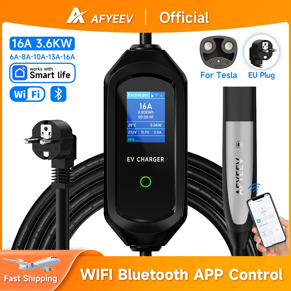 AFYEEV 16A/32A Portable EV Charger For Tesla EVSE Charging Box EU US CEE Plug Electric Car Charger For Tesla Model X/Y/S/3