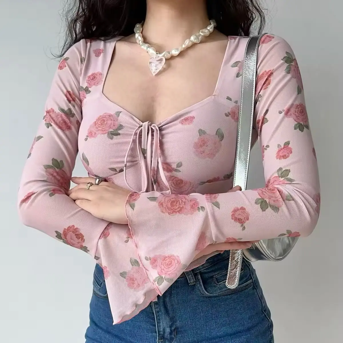 Sweet Net Yarn Patchwork Women Summer Flower Printing Pagoda Sleeve Square Neck Slim Long Sleeved Affordable All-match Tops