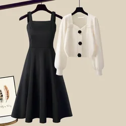 Conjunto de Vestidos de punto a la moda para mujer, de dos piezas traje elegante, negro, ajustado, con tirantes, cárdigan, suéter, Primavera