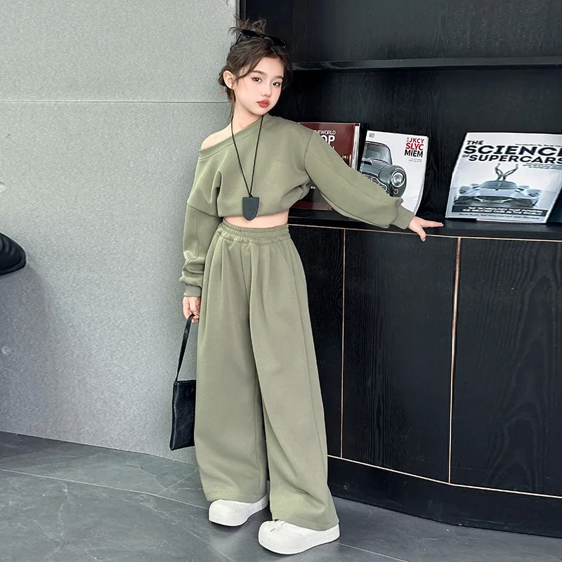 

Kid Girl 2pcs Outfit Autumn School Girl Simple Solid Tracksuit Children Girl Round Neck Sweatshirt 4-14Y Girl Elastic Waist Pant