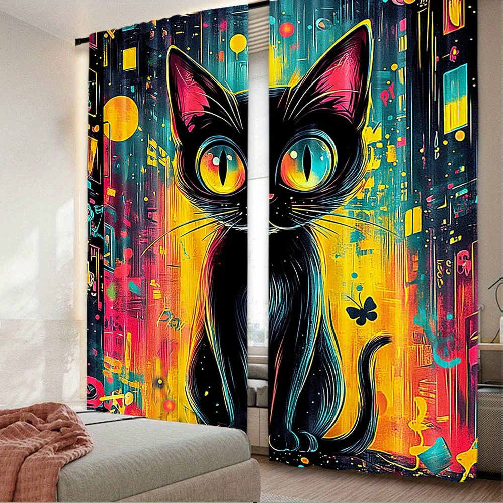 Vibrant Pop Art Cat Mural Curtain for Living Room Home Decor Colorful Abstract Style Window Treatment