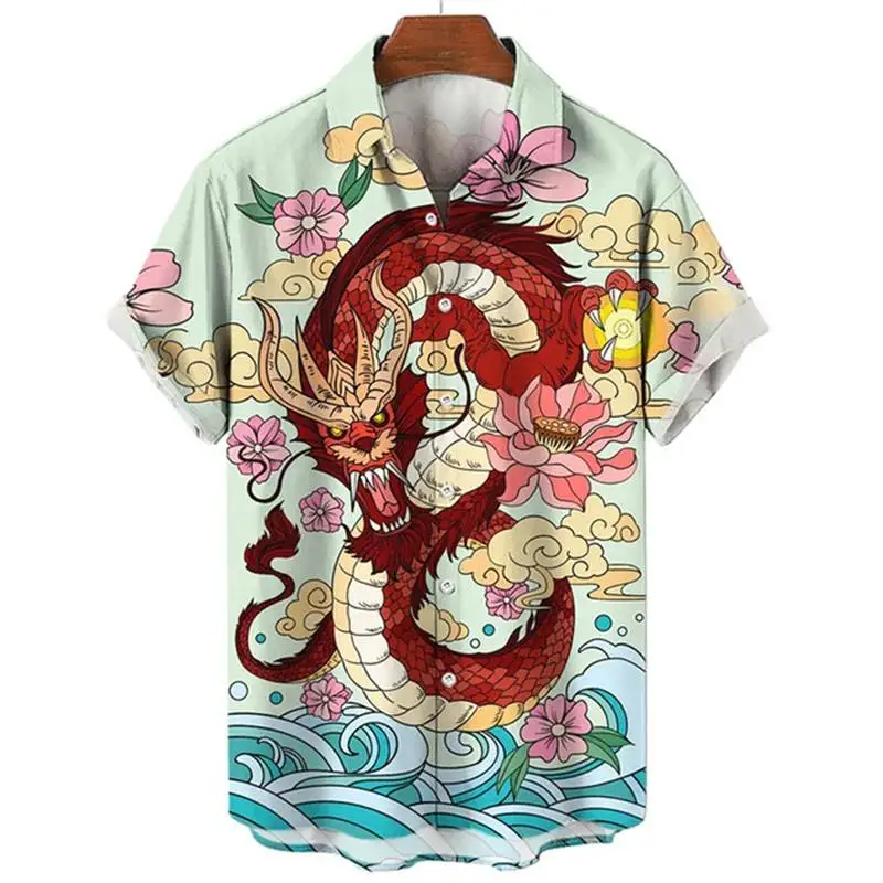 Summer Men\'s Dragon Pattern Element Shirt Social Casual Vintage Hawaiian 2023 New Oversize Short Sleeve Street Clothing