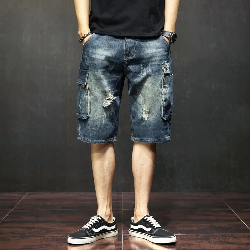 

Men's Vintage Denim Cargo Shorts Distressed Ripped Knee Length Loose Fit Summer Casual Shorts