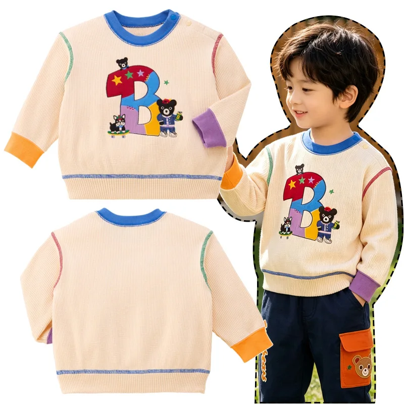 Boys Color Block Black Bear Hoodie Japanese Style Fall Winter New Cute Cartoon Bear Letter Embroidery Long Sleeve Top Sweatshirt