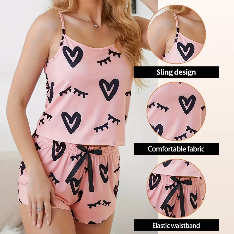 Summer Hot Selling Pink Print Pattern U-Neck Suspender Sleeveless Top and Bow Decorative Shorts Women\'s Sexy Pajamas Home Set