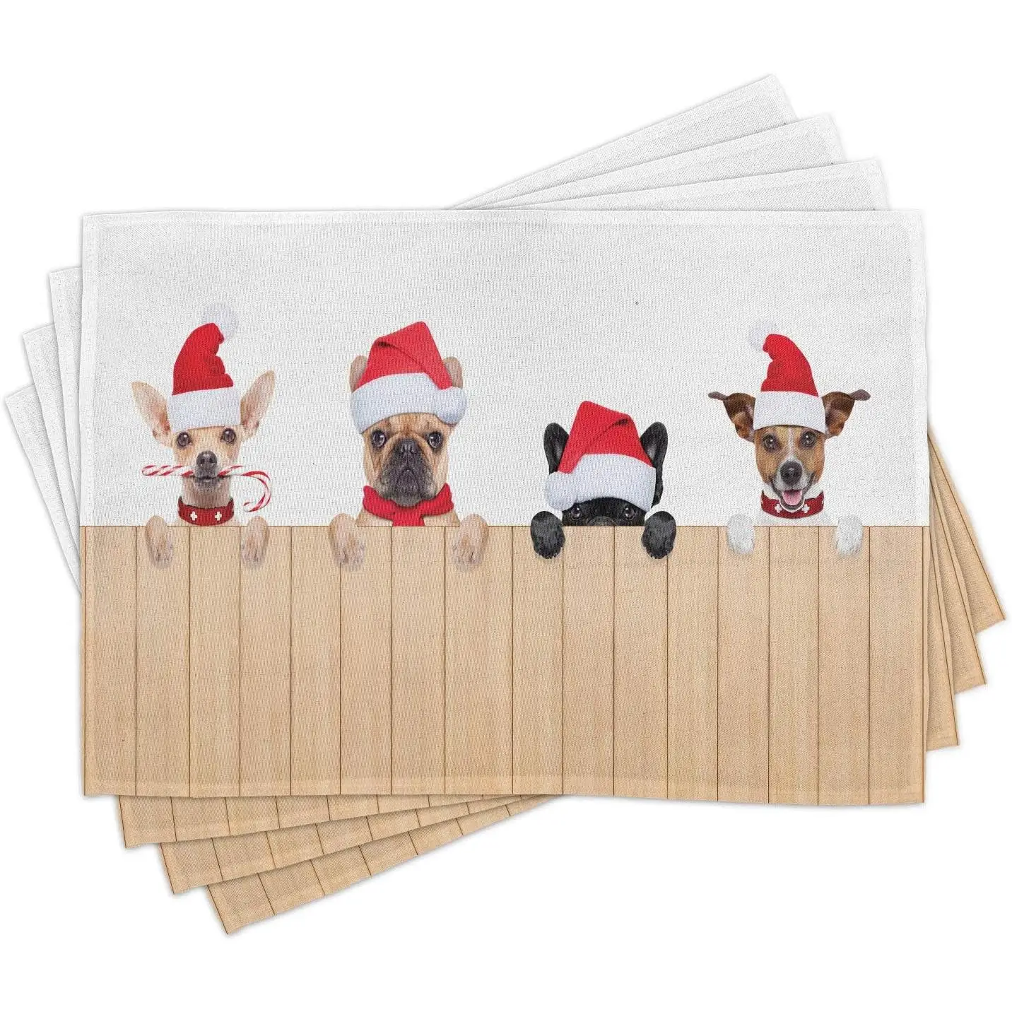 Christmas Place Mats Set of 4 Group of Santa Claus Dogs Over Wooden Fences Humor Animals Noel Puppies Pet Graphic