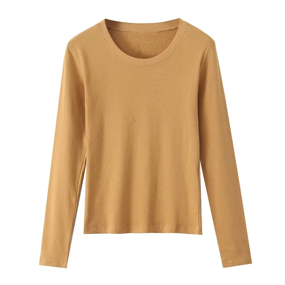 PB&ZA2024 autumn new women's clothing style slim fit solid color simple long sleeved short ribbed T-shirt top