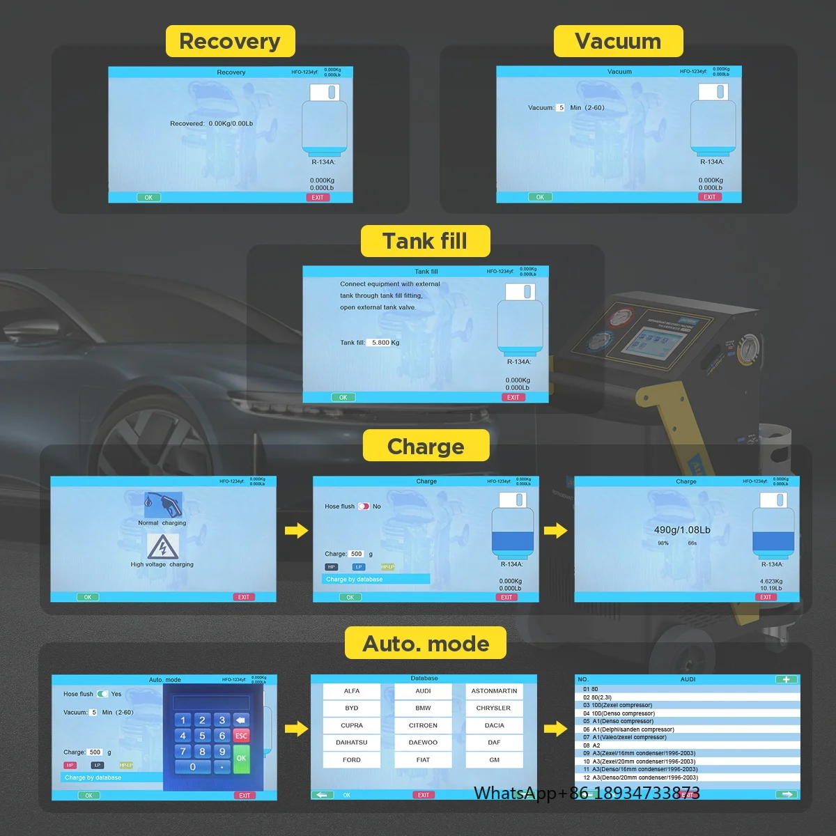 LM708 Riempitrice automatica per il recupero automatico del refrigerante CA R1234a e R-1234yf Refrigerante a doppio uso Doppio cilindro
