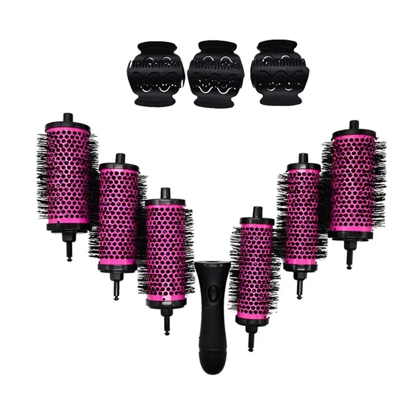 6pcs/set 3 Sizes Detachable Handle Hair Roller Brush with Positioning Clips Aluminum Ceramic Barrel Curler Comb Hairdr