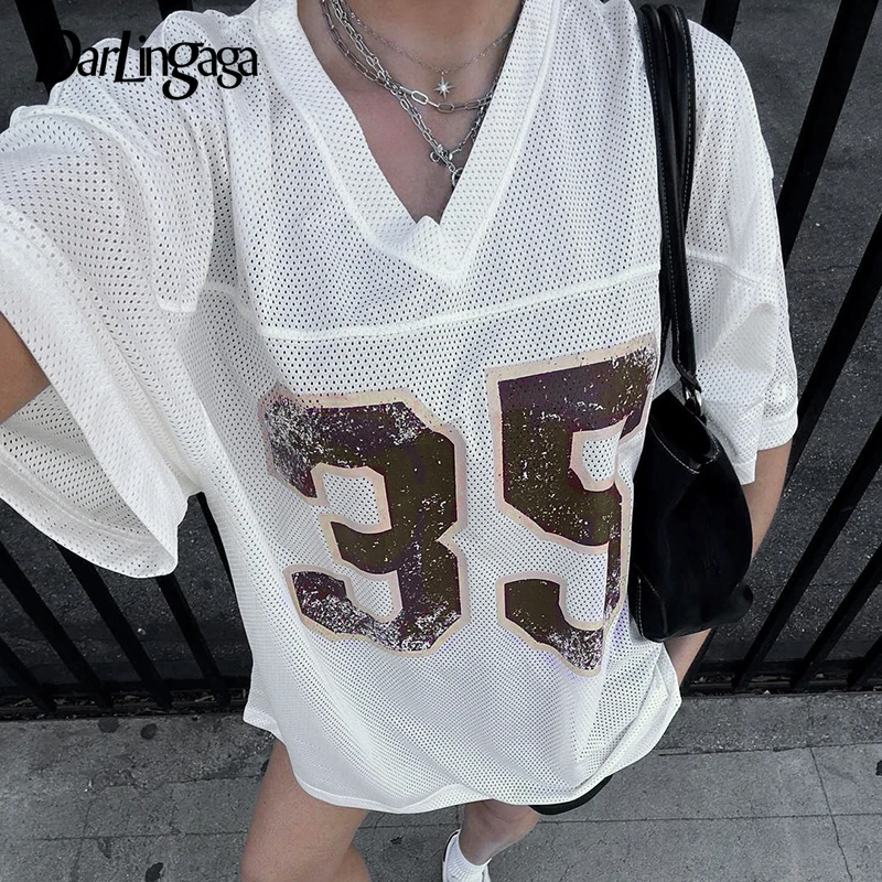 Darlingaga-Camiseta holgada blanca para mujer, Tops con estampado Digital, camisetas deportivas elegantes, trajes transpirables, novedad de 2024