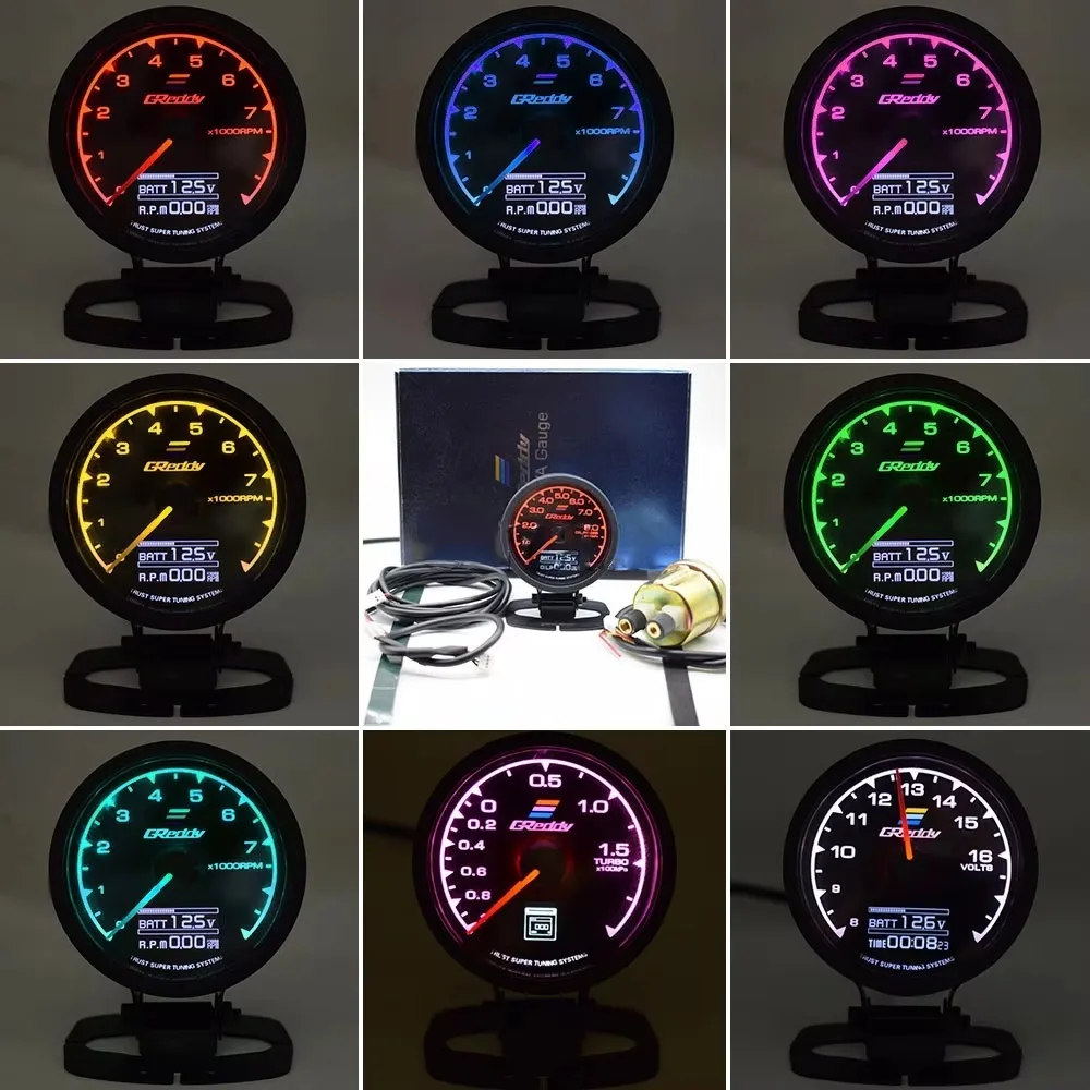 Car Greddi LCD Digital Display 7 Light Colors Oil Pressure Water EXT Temp Turbo Boost RPM Gauge Set with Sensor for GREDDY