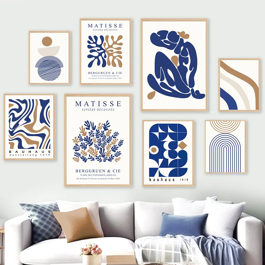 1pc frameless Canvas Painting 1pcs(No frame)Blue Leaf Girl Line Geometry Wall Art Canvas Painting Abstract Matisse Bauhaus Poste