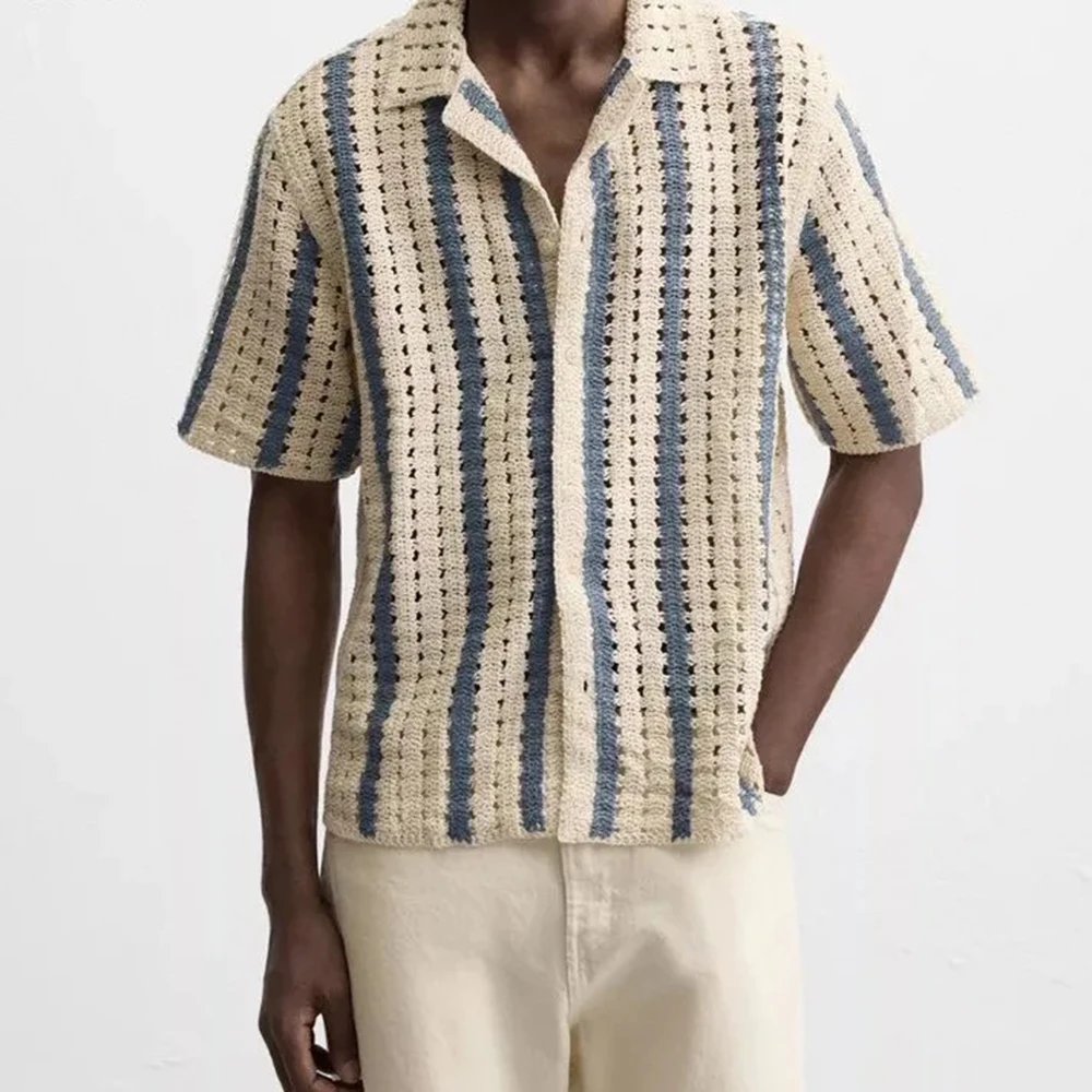 Mens Hollow Out Color Block Stripe Casual Knit Shirt Summer Streetwear Fashion Youth Breath Beach Vacation Short Sleeve Top 2026