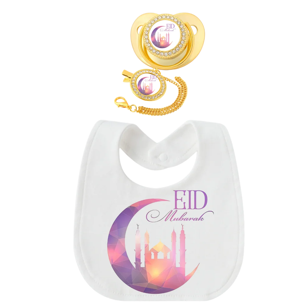 Islamic Pattern Newborn Bib Drool Bib Bandana with Baby Pacifier Nipple Soother Clip Holder Strap Soft Cotton 0-12 Months Gift