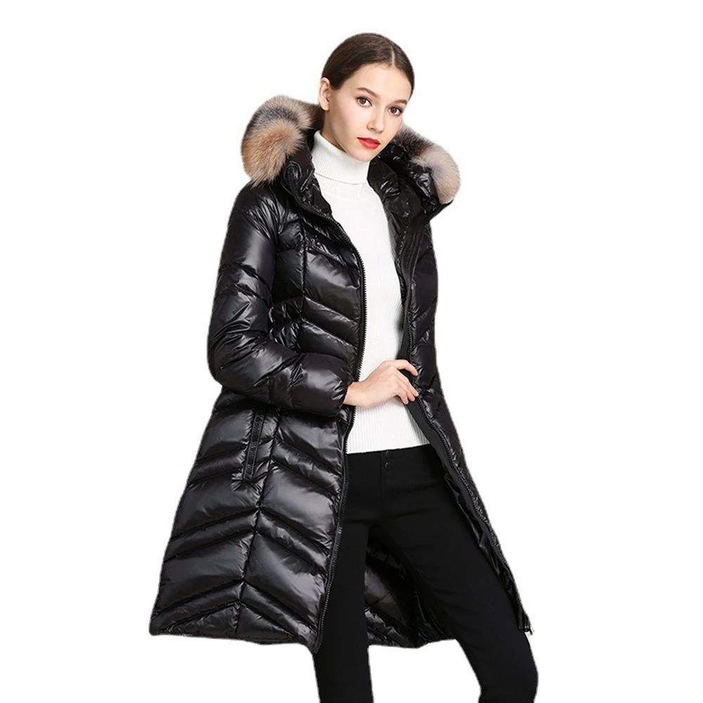 

European Style Autumn Winter Women Parkas Down Coat Fox Fur Hoody Lady Warm Jacket Slim Outwear LF2311HR